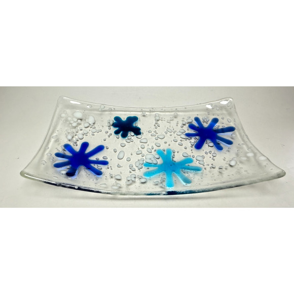 Handmade Fused Glass Tray Blue Amoeba White Splatter Snowflakes Serving Plate - Picture 3 of 3